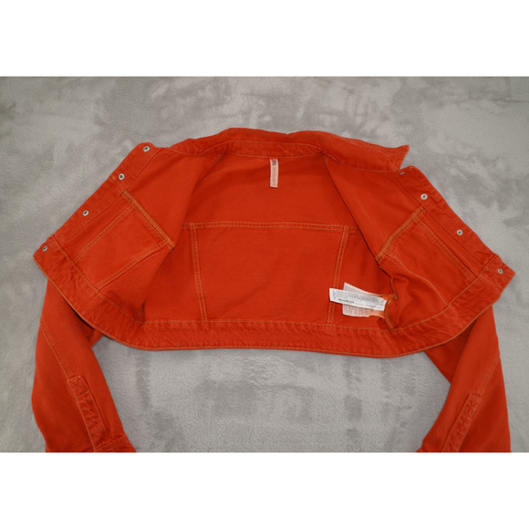 ZARA red Orange Cropped Denim Jacket Women’s Size Large Button Front Long Sleeve - Picture 5 of 7
